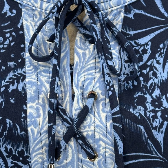 JM Collection 3/4 Sleeve Lace Up Neck Floral Print Blouse - Blue - size Medium - Picture 5 of 10